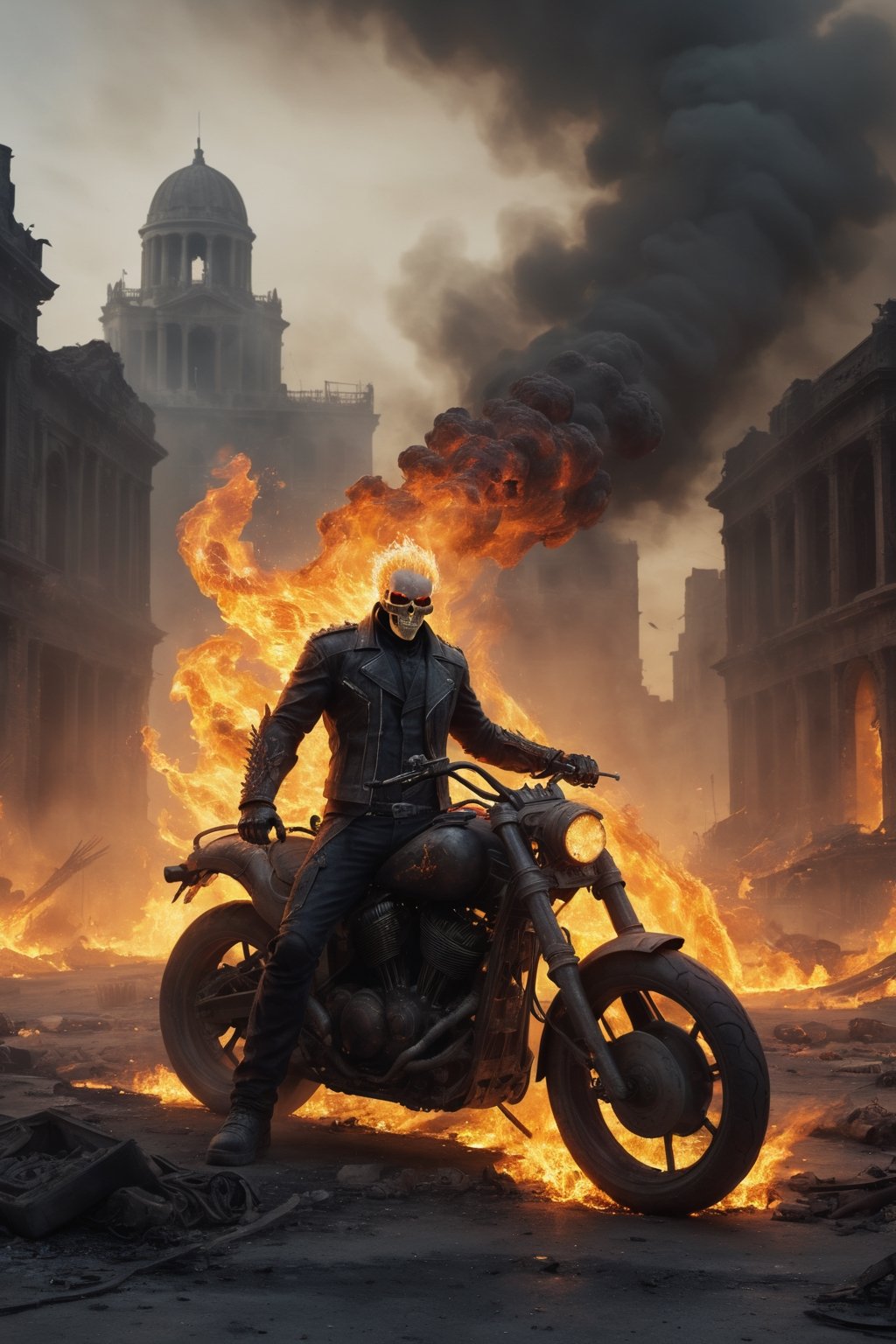 Ghost Rider stands in the ruins of a city, his motorcycle surrounded by smoke and flames. He is surrounded by the sound of battle, and the air is filled with the smell of brimstone. He raises his hands, and a wave of hellfire sweeps across the battlefield, destroying his enemies. The final image is rendered in a dark and realistic style, with a limited color palette and heavy use of shadows.

