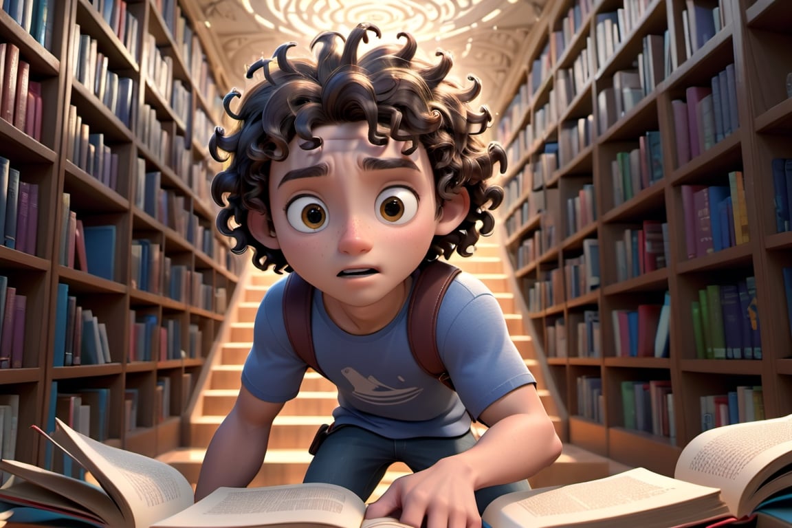 A curly-haired young men navigating through a maze of books in a library, eagerly searching for knowledge and wisdom to achieve his goals, 8k disney pixar movie, high_resolution, high detailed, high-quality 3D rendered images, and attention to detail.