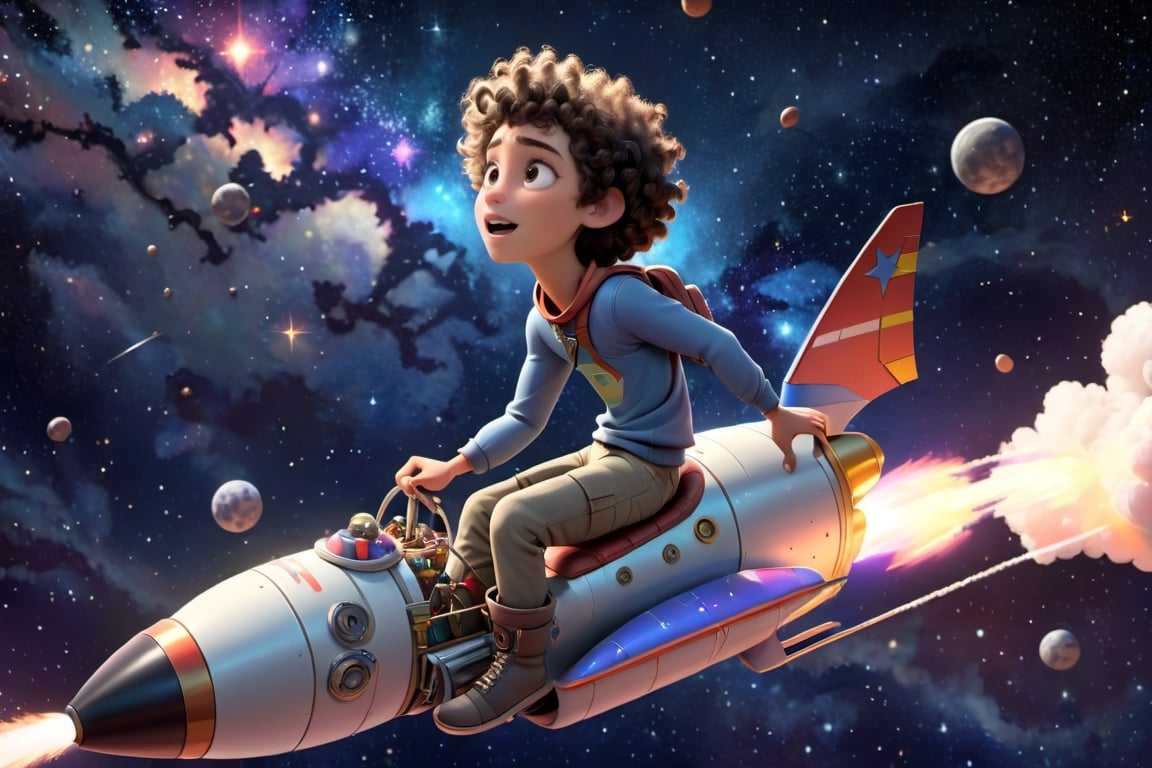 A curly-haired young men riding a rocket ship towards the stars, symbolizing his journey towards success in the vast universe of opportunities, 8k disney pixar movie, high_resolution, high detailed, high-quality 3D rendered images, and attention to detail.