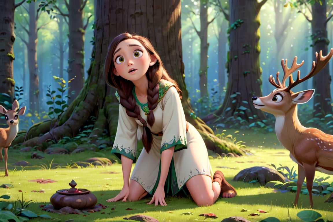 A female Druid kneels down to bless a dead deer in a forest grove
. disney pixar movies, high_resolution, disney, 8k