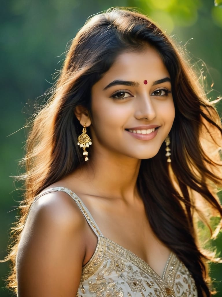  cute young attractive indian teen girl, gorgeous face ,cute face , fair skin , beautiful soft flowing hair, dramatic lighting, emotional depth, impressive facial features,  ,Young beauty spirit ,more detailed, white skin,1 girl, realistic, pretty smile, nature back ground