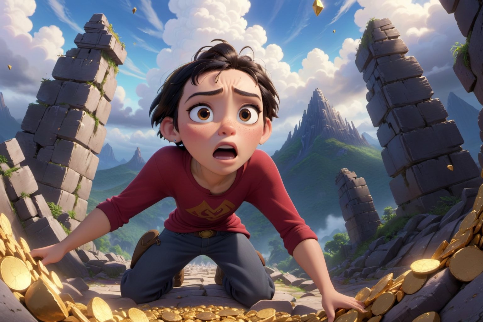 a men finding big treasure golds , rubi, diamonds in fantasy ruins, shocking face expression, wide angle shot, in depth mountain and clouds disney pixar movies, high_resolution, disney, 8k