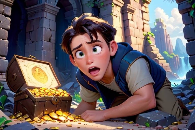 a men finding big treasure in fantasy ruins, shocking face expression, disney pixar movies, high_resolution, disney, 8k