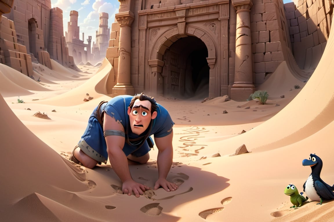 a men Lost in a desert wasteland, a curious traveler uncovers the ruins of a lost kingdom buried beneath the sand. Within its labyrinthine corridors, he discovers a chamber overflowing with riches beyond his wildest dreams, guarded by the spirits of the long-gone rulers. disney, pixar movies, high_resolution, disney, 8k,