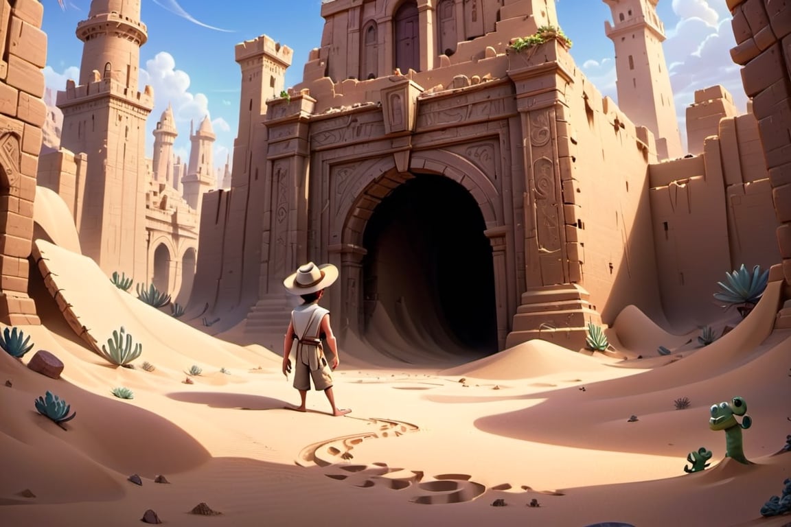 a men Lost in a desert wasteland, a curious traveler uncovers the ruins of a lost kingdom buried beneath the sand. Within its labyrinthine corridors, he discovers a chamber overflowing with riches beyond his wildest dreams, guarded by the spirits of the long-gone rulers. disney, pixar movies, high_resolution, disney, 8k,