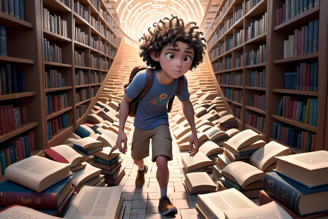 A curly-haired young men navigating through a maze of books in a library, eagerly searching for knowledge and wisdom to achieve his goals, 8k disney pixar movie, high_resolution, high detailed, high-quality 3D rendered images, and attention to detail.