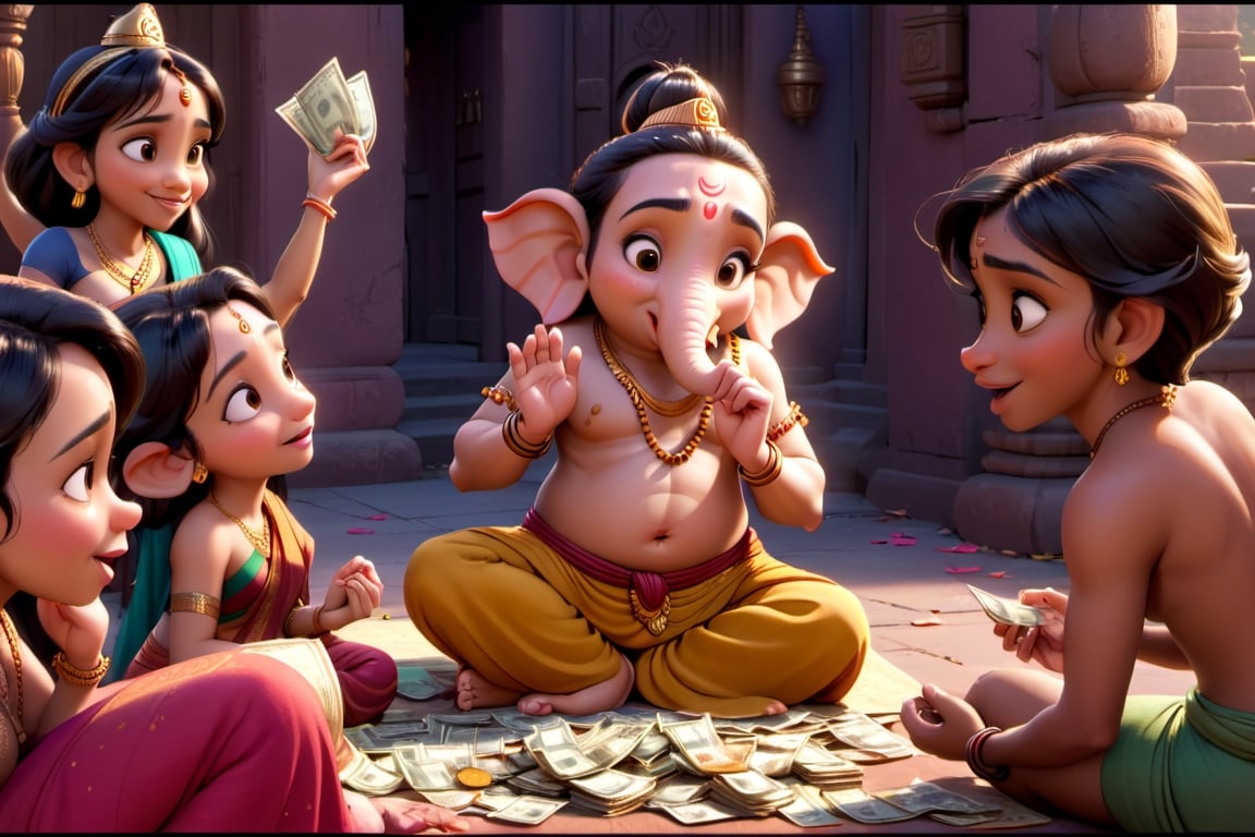 lord ganesha giving money to peoples. disney pixar movies, high_resolution, disney, 8k,disney pixar style