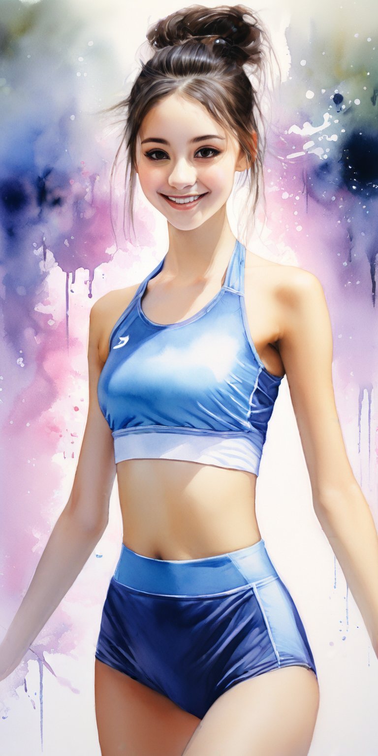 ek_art_b00ster, a pencil sketch of 1girl in pastel art blended with alcohol ink style, dark long hair, chignon, kind smile, a mesmerizing beautiful face, rhythmic gymnastics uniform, unreal engine rendering, masterpiece, best quality