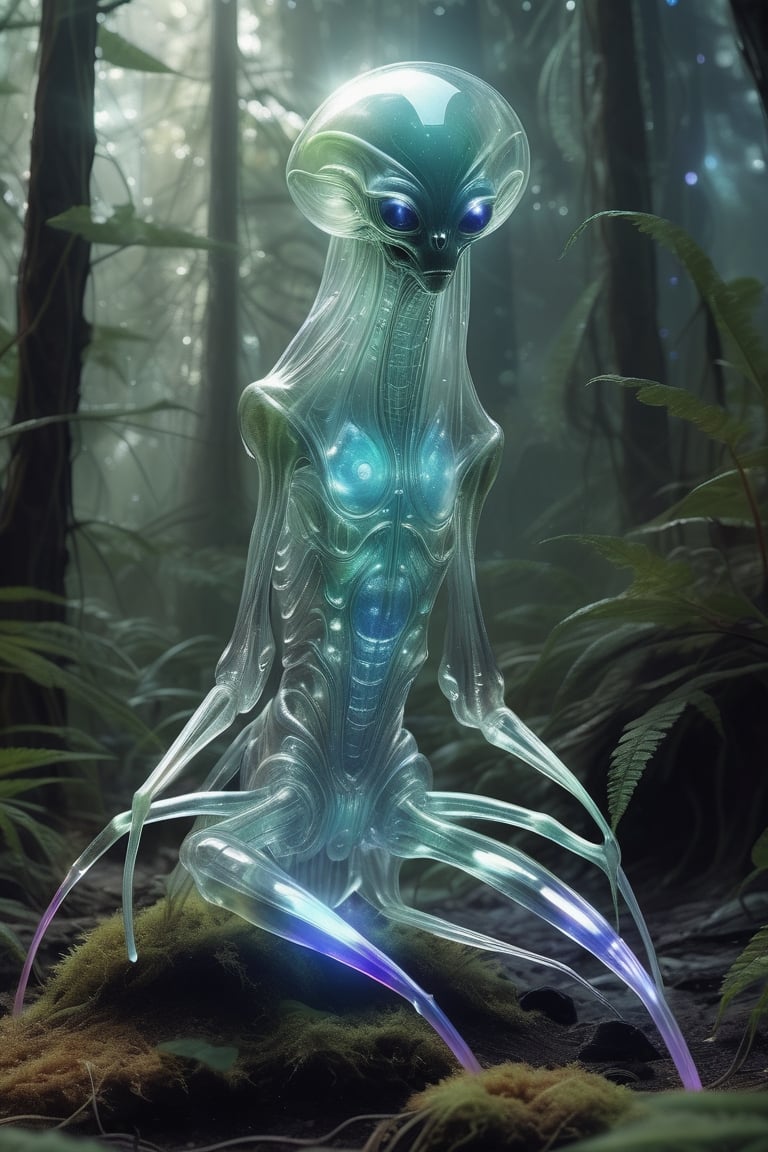 Transparent crystal alien creature with all its nerve endings visible inside, this alien is located on a strange, forested and colorful extraterrestrial planet.,photo r3al