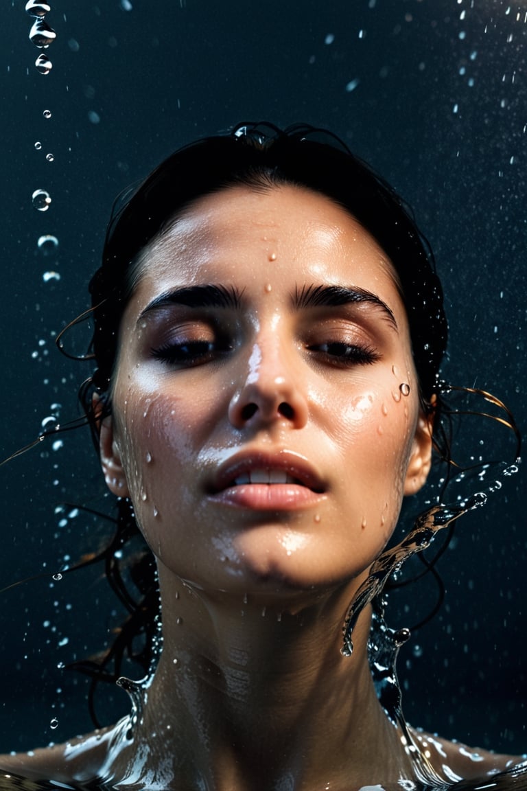 extreme close-up portrait of a woman submerged in the dark water, she only shows her head, she is crying and there are drops of water on her face, sunrise, studio light, golden hour, photo shoot, DSLR, 64k, UHD, HDR, (masterpiece), intricate details, ((high quality)), highly detailed, hyper-realistic