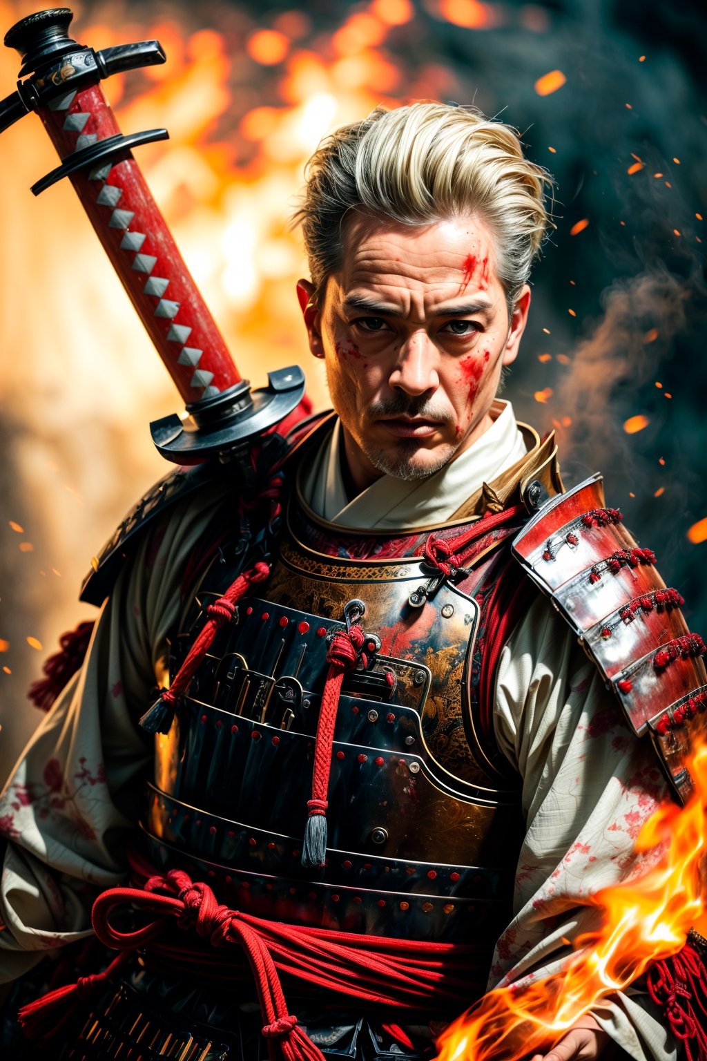 Old man, elder, muscler samurai, Manliness, charming eyes, white hair, white beard, cool face, full body, samurai, samurai armor, holding samurai sword, extremely bloody, Japan temple on fire, flames, bright lights, masterpiece, Best Quality, ultra-detailed, finely detailed, high resolution, sharp-focus, glowing forehead, perfect shading, highres, photorealistic