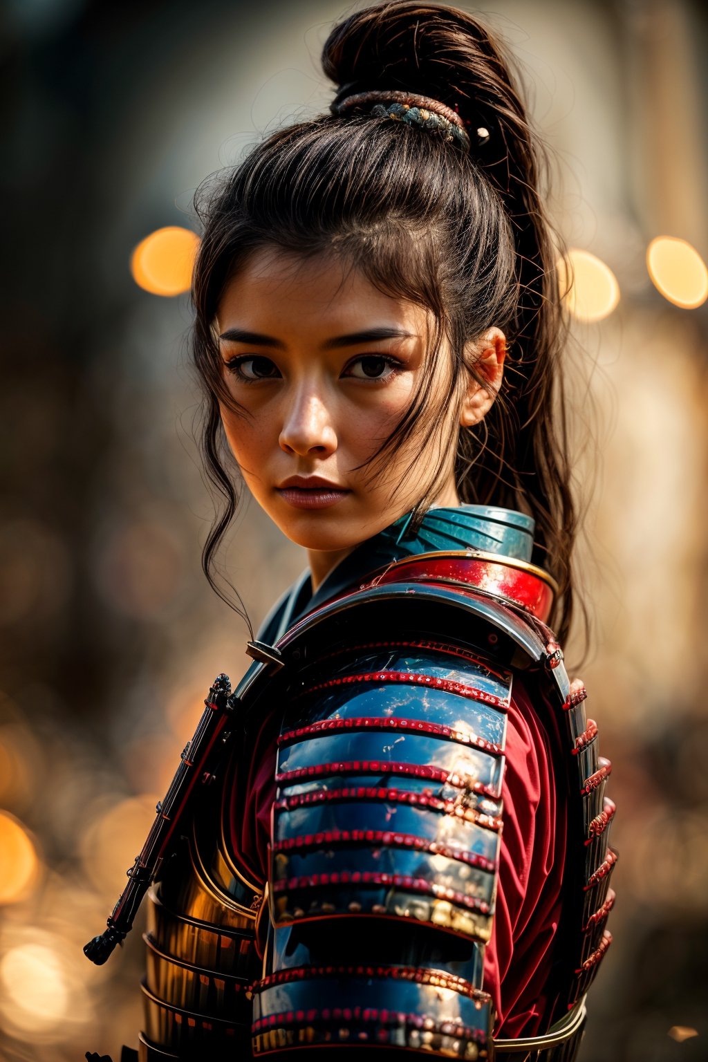 Female samurai, charming eyes, sexy lips, long hair, samurai, bright blue armor, morning, bright lights, sharp focus, perfect shading, masterpiece, best quality, extremely detailed, highres, photorealistic, full body ,photorealistic,portrait,Young beauty spirit ,perfect