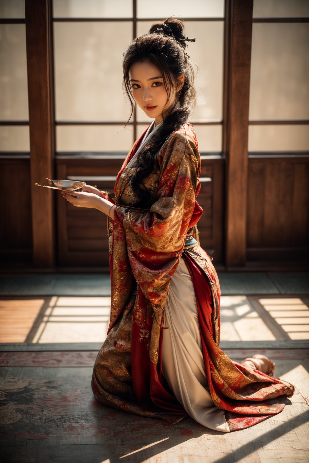 1girl, Sweet face, charming eyes{beautiful and detailed eyes}, eye smile((friendly and charming)), sexy lips, delicate facial features, seiza((model pose, sitting and kneeling on the floor)), busty body type, long hair(dark hair:1.2),  long ponytail, curly hair, beautiful hanfu(red, transparent), japan temple (inside room), fine traditional table{calligraphy painting on table}, teapot on table, flim grain, looking to audience, masterpiece, Best Quality, natural and soft light photorealistic, ultra-detailed, finely detailed, high resolution, sharp-focus, glowing forehead, perfect shading, highres, photorealistic,perfect,midjourney,hand,fingers