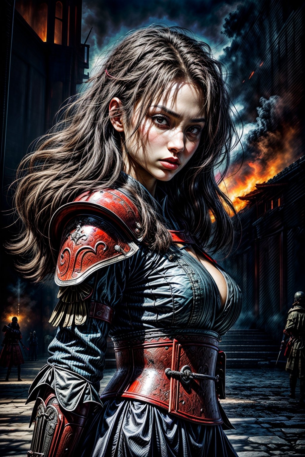 Female samurai, charming eyes, sexy lips, long hair, cool face, huge_breast, sideways, red samurai armour, swinging samurai sword, battle_stance, full_body, explorsion, flames, castle on fire, bright lights, sharp focus, perfect shading, masterpiece, best quality, extremely detailed, highres, photorealistic, hand,fingers,oil painting