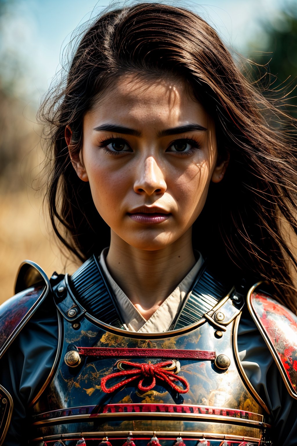 Female samurai, charming eyes, sexy lips, long hair, samurai, bright blue armor, morning, bright lights, sharp focus, perfect shading, masterpiece, best quality, extremely detailed, highres, photorealistic, full body ,photorealistic,portrait,Young beauty spirit ,perfect