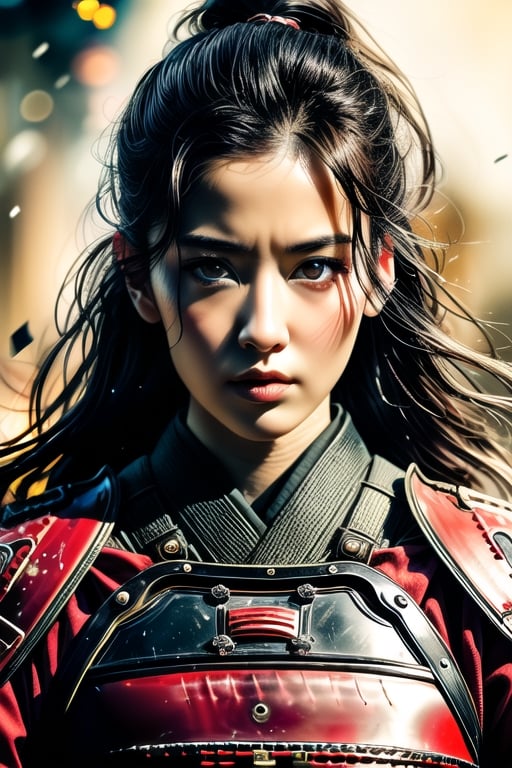 Mature Female, charming eyes, long hair, huge breasts, female samurai, samurai painting, swinging samurai sword, samurai armor, fighting position, bright lights, sharp focus, perfect shading, masterpiece, best quality, extremely detailed, highres, photorealistic, full body, photorealistic,photorealistic,horror,horror (theme)