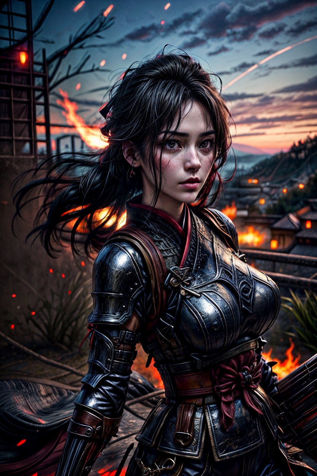 Female samurai, charming eyes, sexy lips, long hair, cool face, huge_breast, sideways, red samurai armour, swinging samurai sword, battle_stance, full_body, explorsion, flames, castle on fire, bright lights, sharp focus, perfect shading, masterpiece, best quality, extremely detailed, highres, photorealistic, hand,fingers,oil painting,bdo_warrior