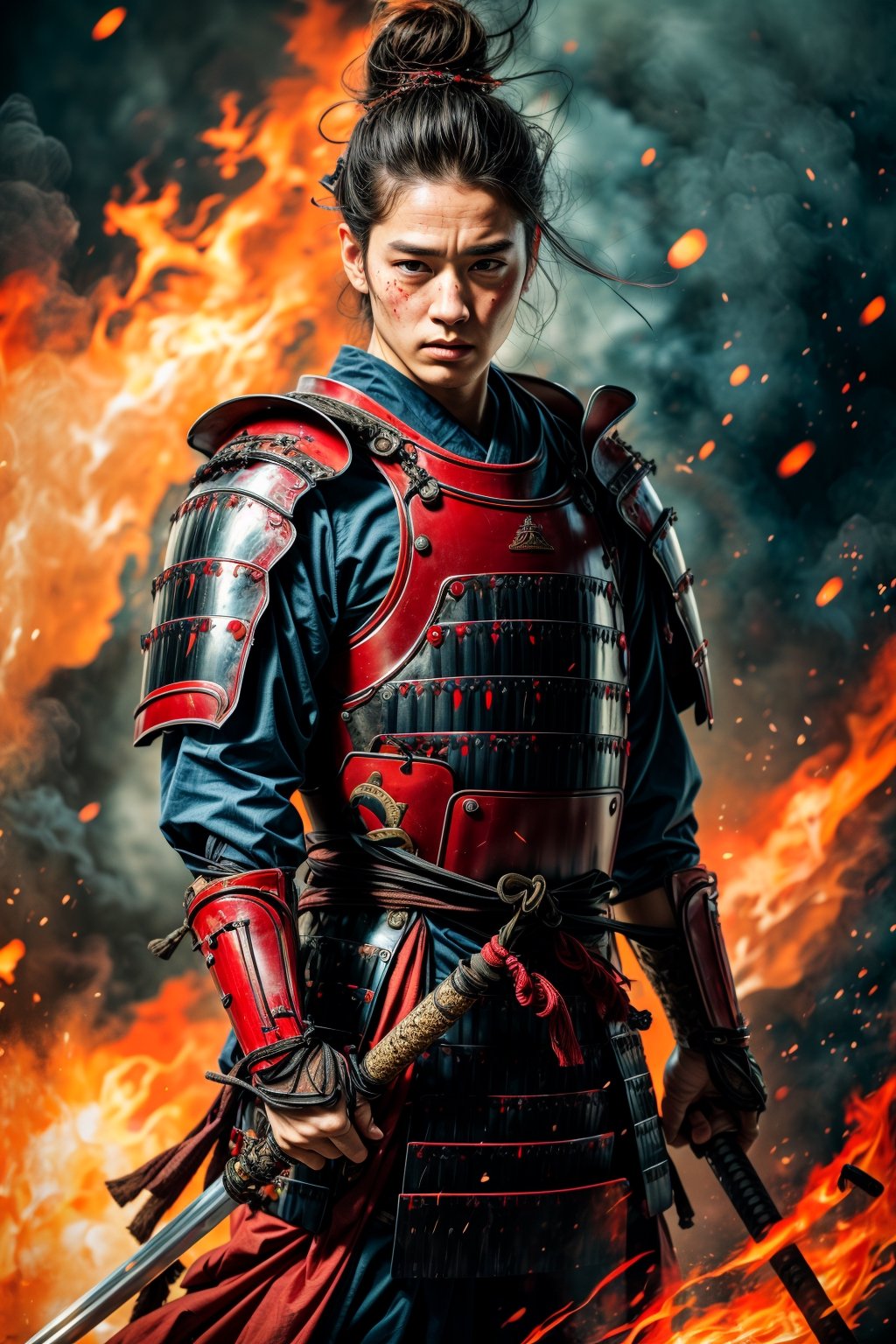 Old man, elder, muscler samurai, Manliness, charming eyes, white hair, white beard, cool face, full body, samurai, samurai armor, holding samurai sword, extremely bloody, forest on fire, flames, bright lights, masterpiece, Best Quality, ultra-detailed, finely detailed, high resolution, sharp-focus, glowing forehead, perfect shading, highres, photorealistic