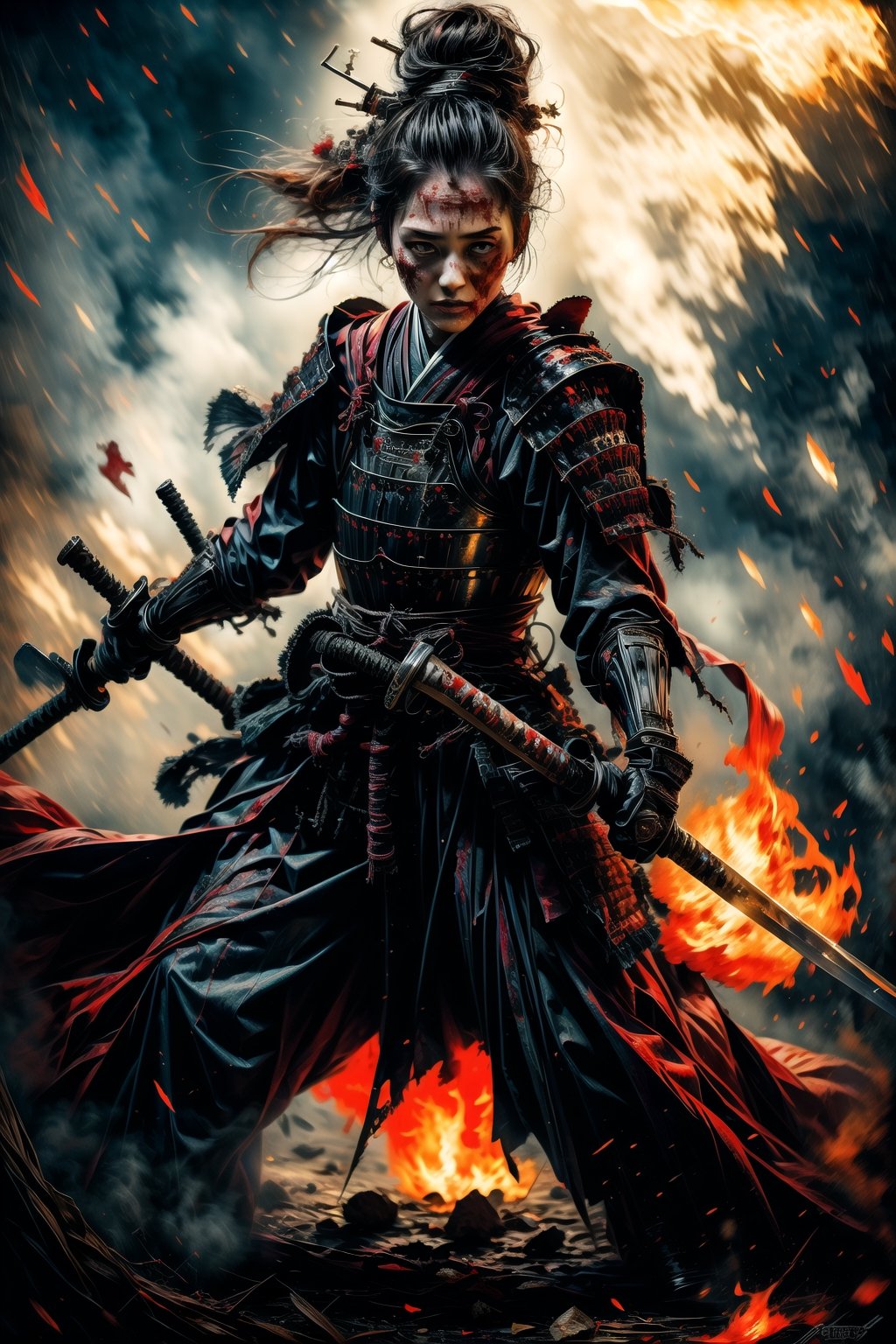 Mature Female, charming eyes, short hair, female samurai, samurai painting, swinging samurai sword, black samurai armor, fighting position, killing people, extremely bloody, bright lights, sharp focus, perfect shading, masterpiece, best quality, extremely detailed, highres, photorealistic, full body, photorealistic,photorealistic,horror,horror (theme)