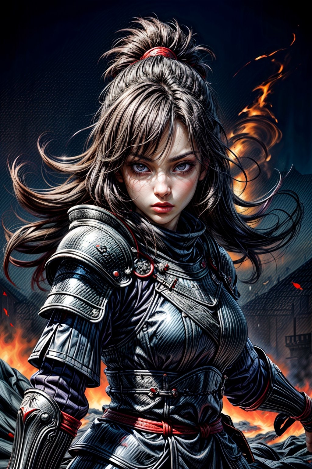 Female ninja, charming eyes, sexy lips, long hair, cool face, ninja armour, samurai sword, battle_stance, explorsion, flames, castle on fire, bright lights, sharp focus, perfect shading, masterpiece, best quality, extremely detailed, highres, photorealistic, hand,fingers,oil painting