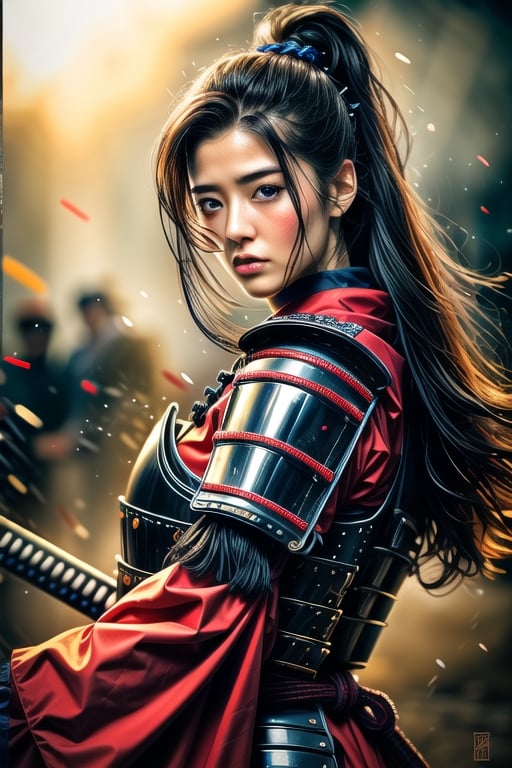 Mature Female, charming eyes, long hair, huge breasts, female samurai, samurai painting, swinging samurai sword, samurai armor, fighting position, bright lights, sharp focus, perfect shading, masterpiece, best quality, extremely detailed, highres, photorealistic, full body, photorealistic,photorealistic,horror,horror (theme)