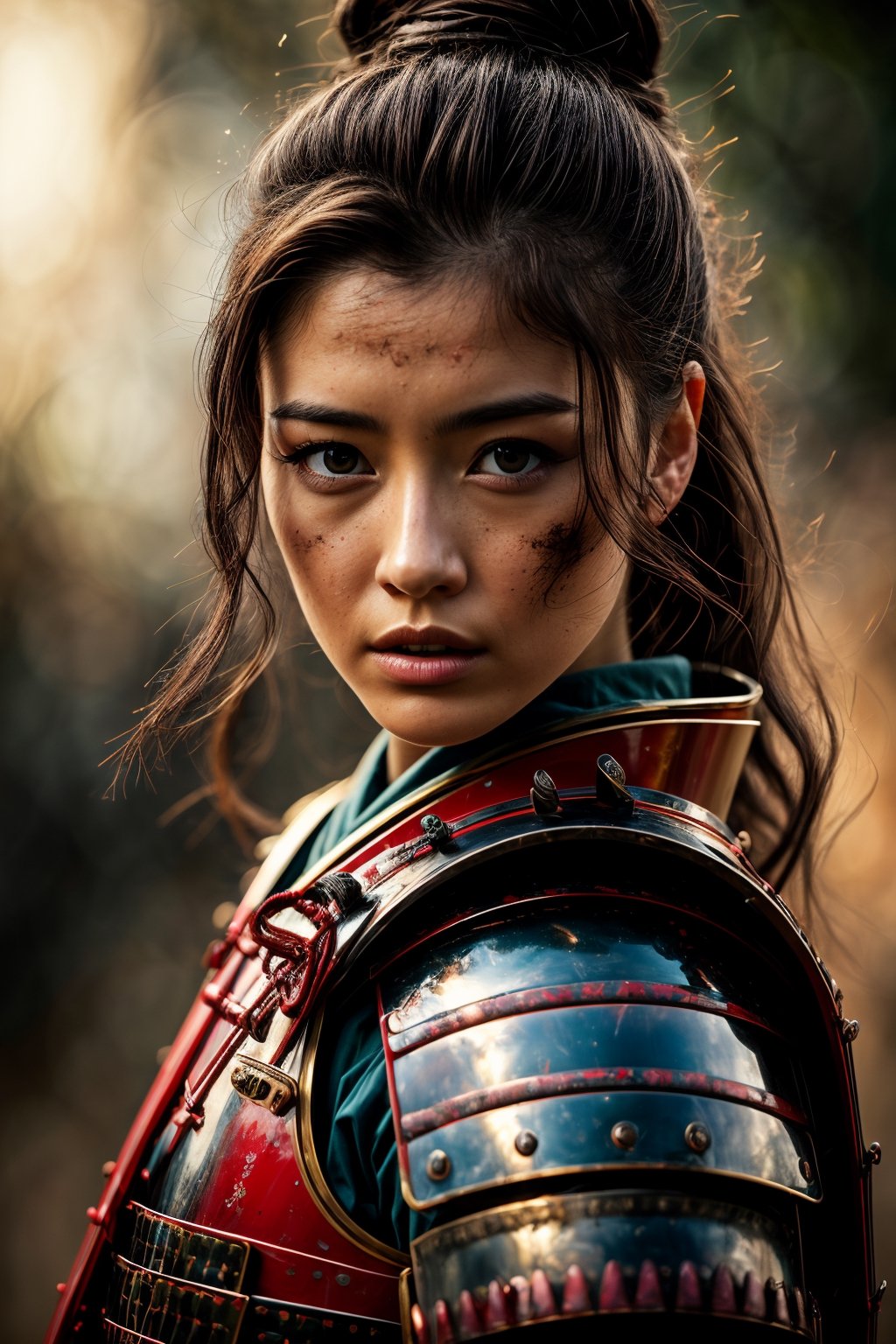 Female samurai, charming eyes, sexy lips, long hair, samurai, bright blue armor, morning, bright lights, sharp focus, perfect shading, masterpiece, best quality, extremely detailed, highres, photorealistic, full body ,photorealistic,portrait,Young beauty spirit ,perfect