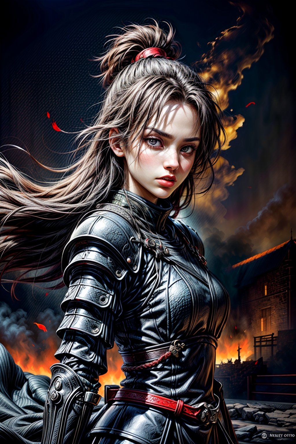 Female ninja, charming eyes, sexy lips, long hair, cool face, ninja armour, samurai sword, battle_stance, explorsion, flames, castle on fire, bright lights, sharp focus, perfect shading, masterpiece, best quality, extremely detailed, highres, photorealistic, hand,fingers,oil painting