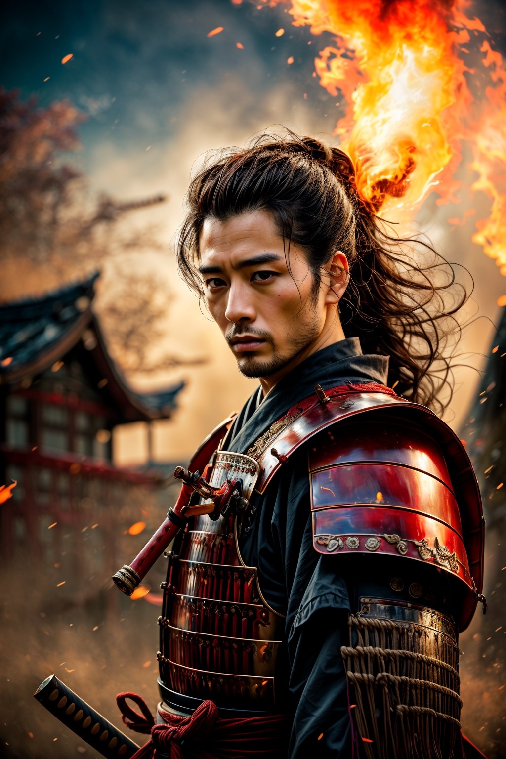 Asian male, muscler samurai, Manliness, charming eyes, long hair, beard, samurai, samurai painting, samurai sword, samurai armor, battle position, sunset, Japan temple on fire, bright lights, sharp focus, perfect shading, masterpiece, best quality, extremely detailed, highres, photorealistic, full body, photorealistic,perfect