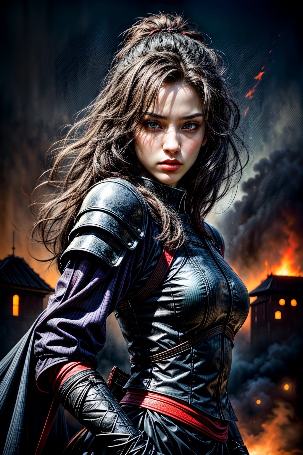 Female ninja, charming eyes, sexy lips, long hair, cool face, ninja armour, samurai sword, battle_stance, explorsion, flames, castle on fire, bright lights, sharp focus, perfect shading, masterpiece, best quality, extremely detailed, highres, photorealistic, hand,fingers,oil painting