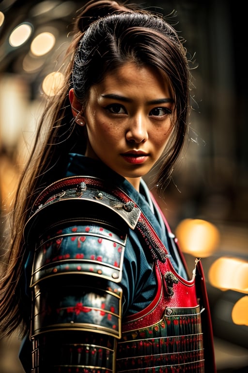 Female samurai, charming eyes, sexy lips, long hair, samurai, bright blue armor, bright lights, sharp focus, perfect shading, masterpiece, best quality, extremely detailed, highres, photorealistic, full body ,photorealistic,portrait,Young beauty spirit ,perfect