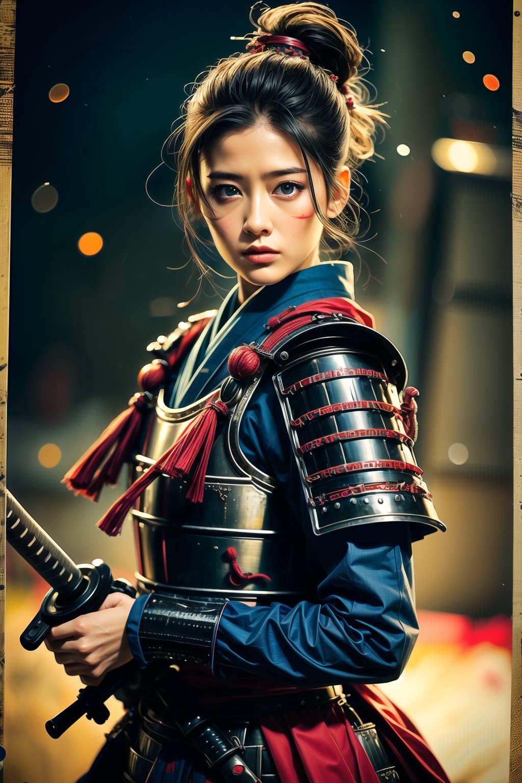 Mature Female, charming eyes, short hair, female samurai, samurai painting, swinging samurai sword, blue samurai armor, fighting position, bright lights, sharp focus, perfect shading, masterpiece, best quality, extremely detailed, highres, photorealistic, full body, photorealistic,photorealistic,horror,horror (theme)