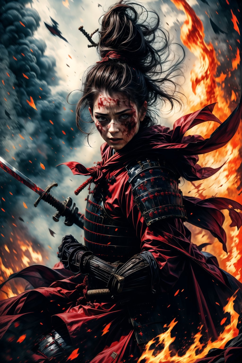 1 girl, charming eyes, cool face, short hair, female samurai, busty body shape, samurai painting, {{swinging samurai sword}}, bright red samurai armor, (fighting position), killing , flames, sparkle, burning forest, mountain on fire, extremely bloody, bright lights, sharp focus, perfect shading, masterpiece, best quality, extremely detailed, highres, photorealistic, full body, photorealistic,photorealistic,horror,horror (theme)