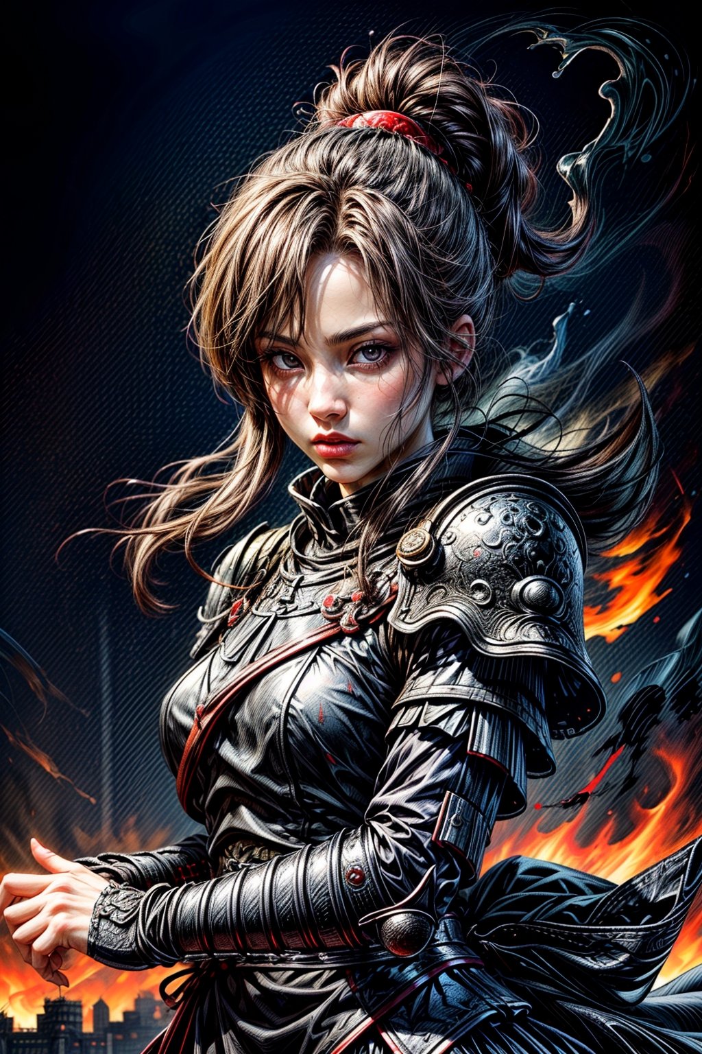 Female samurai, charming eyes, sexy lips, long hair, cool face, samurai armour, samurai sword, battle_stance, full_body, explorsion, flames, castle on fire, bright lights, sharp focus, perfect shading, masterpiece, best quality, extremely detailed, highres, photorealistic, hand,fingers,oil painting