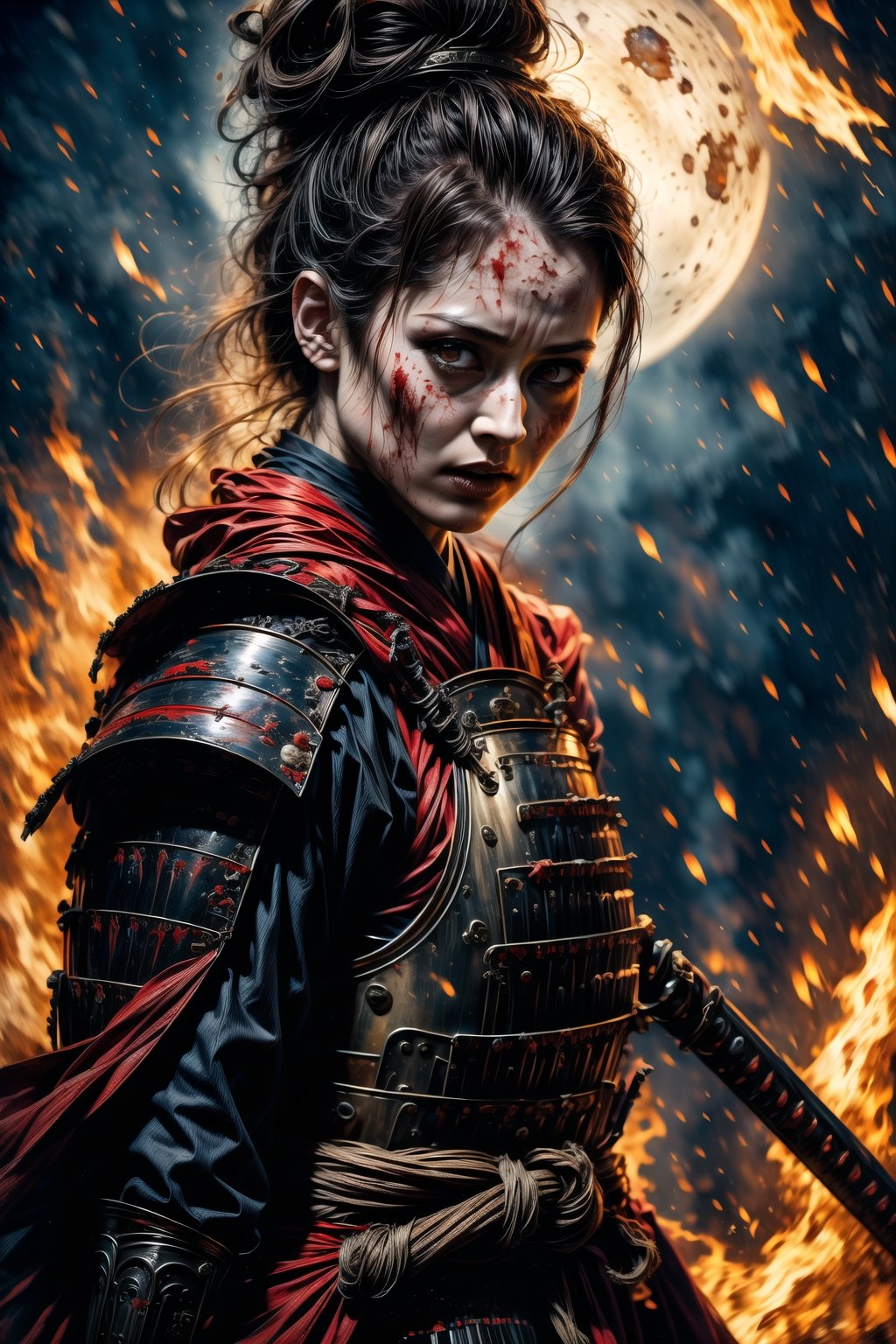 1 girl, charming eyes, cool face, short hair, female samurai, busty body shape, samurai painting, {{swinging samurai sword}}, bright red samurai armor, (fighting position), killing , flames, sparkle, burning street, extremely bloody, bright lights, sharp focus, perfect shading, masterpiece, best quality, extremely detailed, highres, photorealistic, full body, photorealistic,photorealistic,horror,horror (theme)