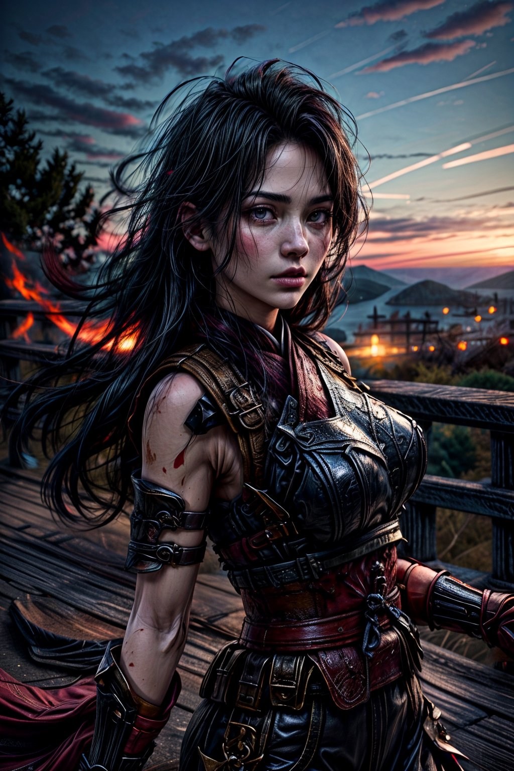 Female samurai, charming eyes, sexy lips, long hair, cool face, huge_breast, sideways, red samurai armour, swinging samurai sword, battle_stance, full_body, explorsion, flames, castle on fire, bright lights, sharp focus, perfect shading, masterpiece, best quality, extremely detailed, highres, photorealistic, hand,fingers,oil painting,bdo_warrior