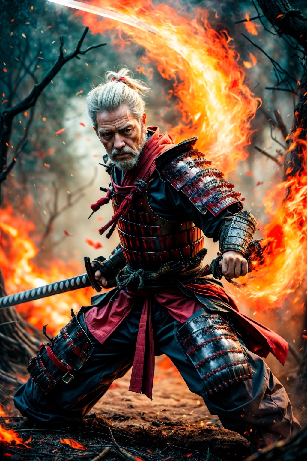 Old man (elder), muscler samurai, Manliness, charming eyes, {{long hear, white hair, white beard}}, angry, roaring, (full body), samurai armor, holding samurai sword, running to audience, extremely bloody, forest on fire, bright lights, masterpiece, Best Quality, ultra-detailed, finely detailed, high resolution, sharp-focus, glowing forehead, perfect shading, highres, photorealistic