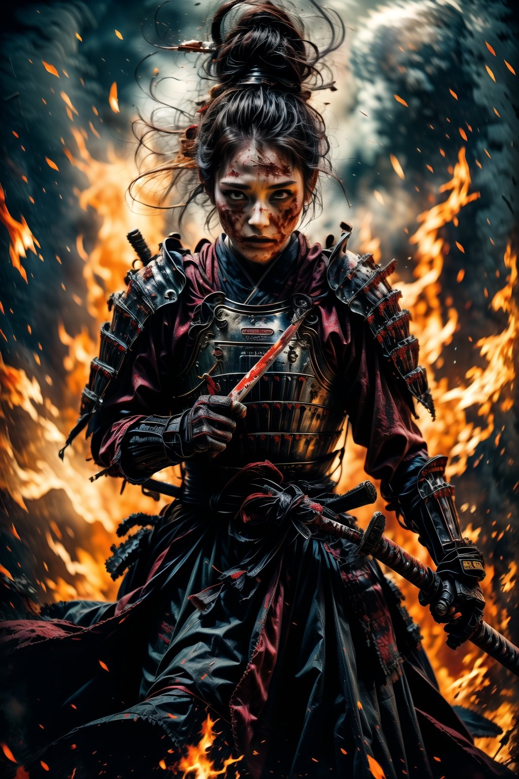 1 girl, fighting each other, charming eyes, cool face, short hair, female samurai, busty body shape, samurai painting, {holding long samurai sword}}, bright red samurai armor, (fighting position), burning forest, extremely bloody, bright lights, sharp focus, perfect shading, masterpiece, best quality, extremely detailed, highres, photorealistic, full body, photorealistic,photorealistic,horror,horror (theme),fight scene