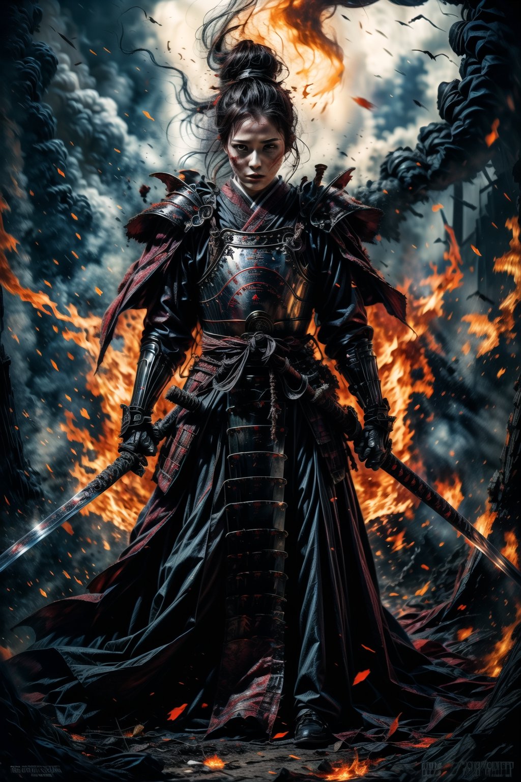 1 girl, charming eyes, cool face, short hair, female samurai, busty body shape, samurai painting, {holding long samurai sword}}, bright red samurai armor, (fighting position), killing , flames, sparkle, burning forest, mountain on fire, extremely bloody, bright lights, sharp focus, perfect shading, masterpiece, best quality, extremely detailed, highres, photorealistic, full body, photorealistic,photorealistic,horror,horror (theme)