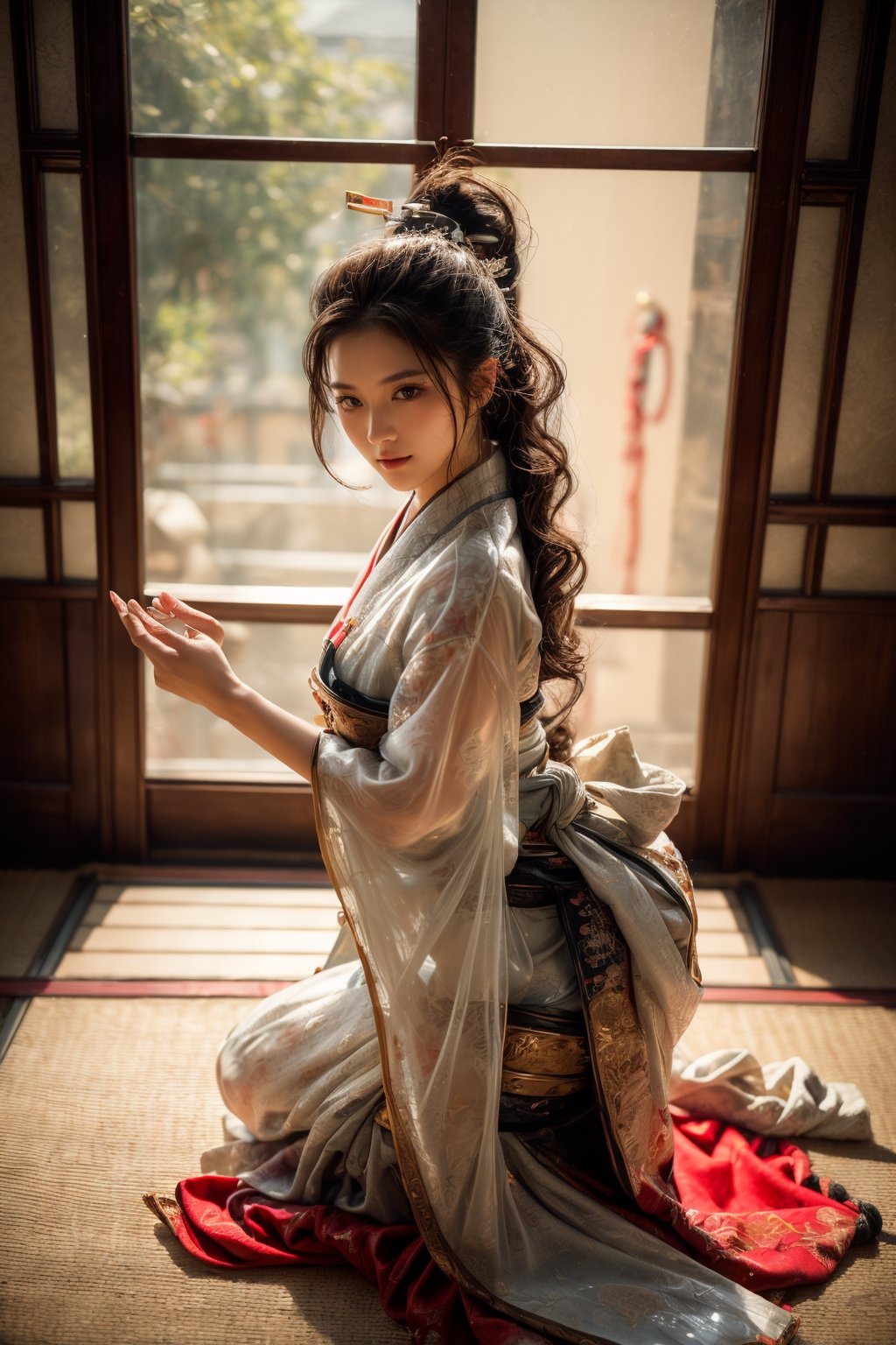 1girl, Sweet face, charming eyes{beautiful and detailed eyes}, eye smile((friendly and charming)), sexy lips, delicate facial features, seiza((model pose, sitting and kneeling on the floor)), busty body type, long hair(dark hair:1.2),  long ponytail, curly hair, beautiful hanfu(red, transparent), japan temple (inside room), fine traditional table{calligraphy painting on table}, teapot on table, flim grain, looking to audience, masterpiece, Best Quality, natural and soft light photorealistic, ultra-detailed, finely detailed, high resolution, sharp-focus, glowing forehead, perfect shading, highres, photorealistic,perfect,midjourney,hand,fingers