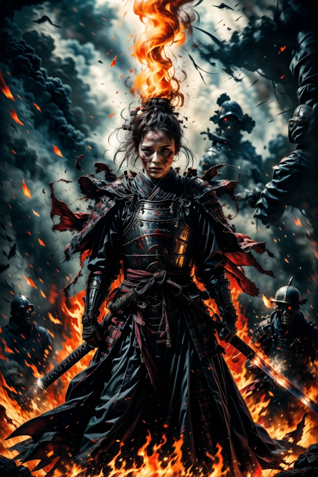 1 girl, fighting each other, charming eyes, cool face, short hair, female samurai, busty body shape, samurai painting, {holding long samurai sword}}, bright red samurai armor, (fighting position), burning forest, extremely bloody, bright lights, sharp focus, perfect shading, masterpiece, best quality, extremely detailed, highres, photorealistic, full body, photorealistic,photorealistic,horror,horror (theme),fight scene