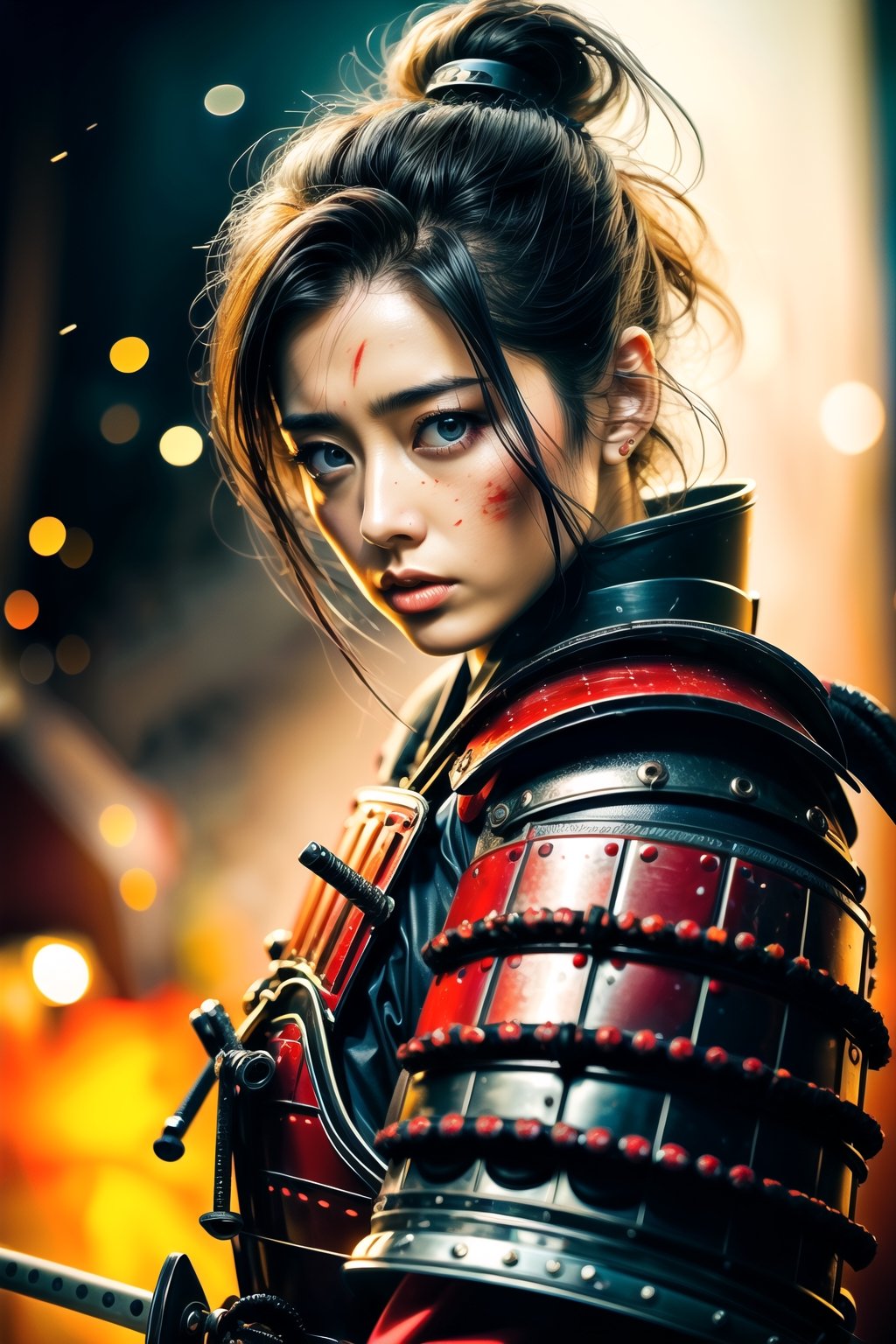 Mature Female, charming eyes, short hair, female samurai, samurai painting, swinging samurai sword, blue samurai armor, fighting position, bright lights, sharp focus, perfect shading, masterpiece, best quality, extremely detailed, highres, photorealistic, full body, photorealistic,photorealistic,horror,horror (theme)