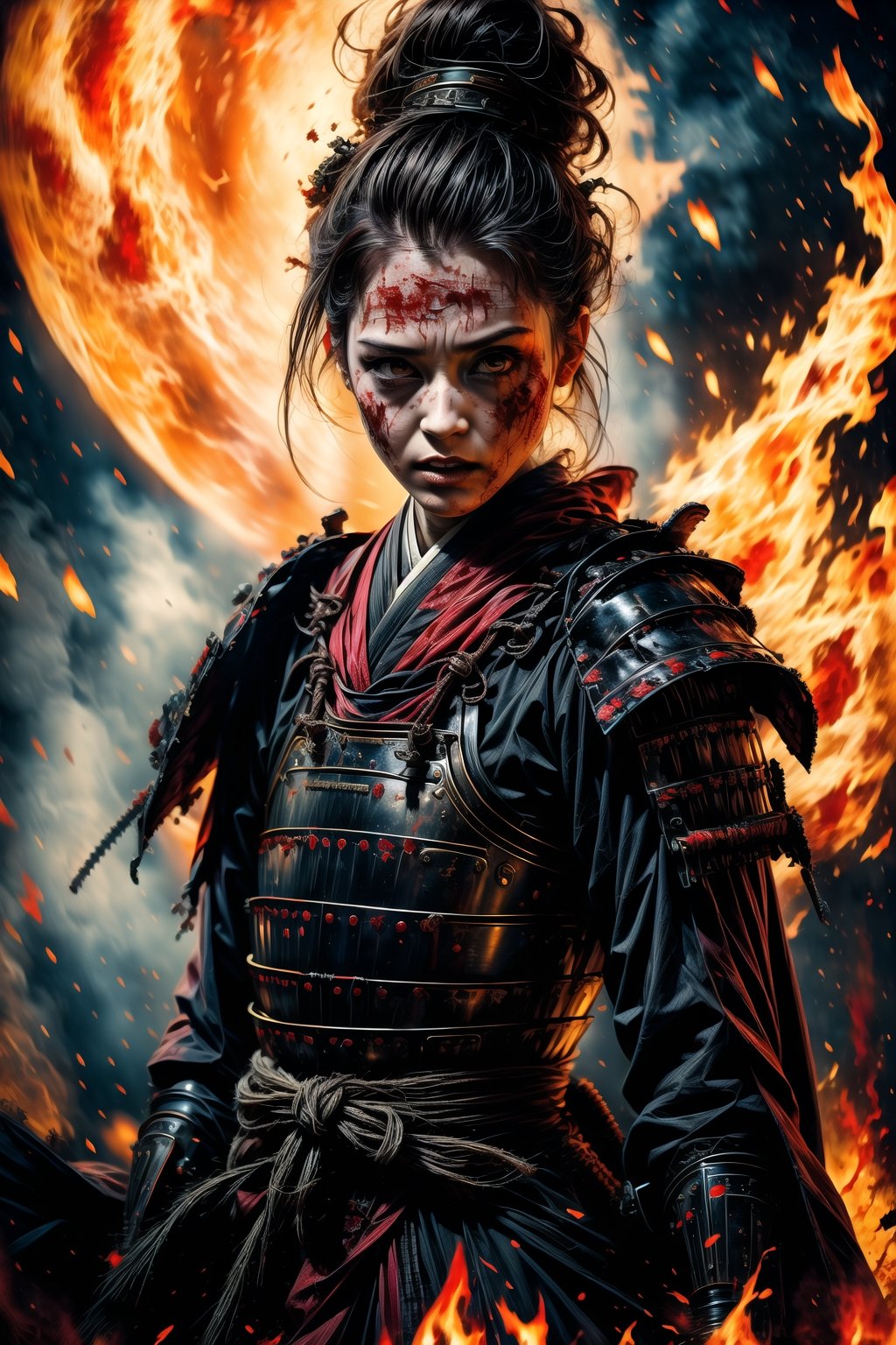 1 girl, charming eyes, short hair, female samurai, busty body shape, samurai painting, swinging samurai sword, black samurai armor, fighting position, killing people, flames , sparkle, extremely bloody, bright lights, sharp focus, perfect shading, masterpiece, best quality, extremely detailed, highres, photorealistic, full body, photorealistic,photorealistic,horror,horror (theme)