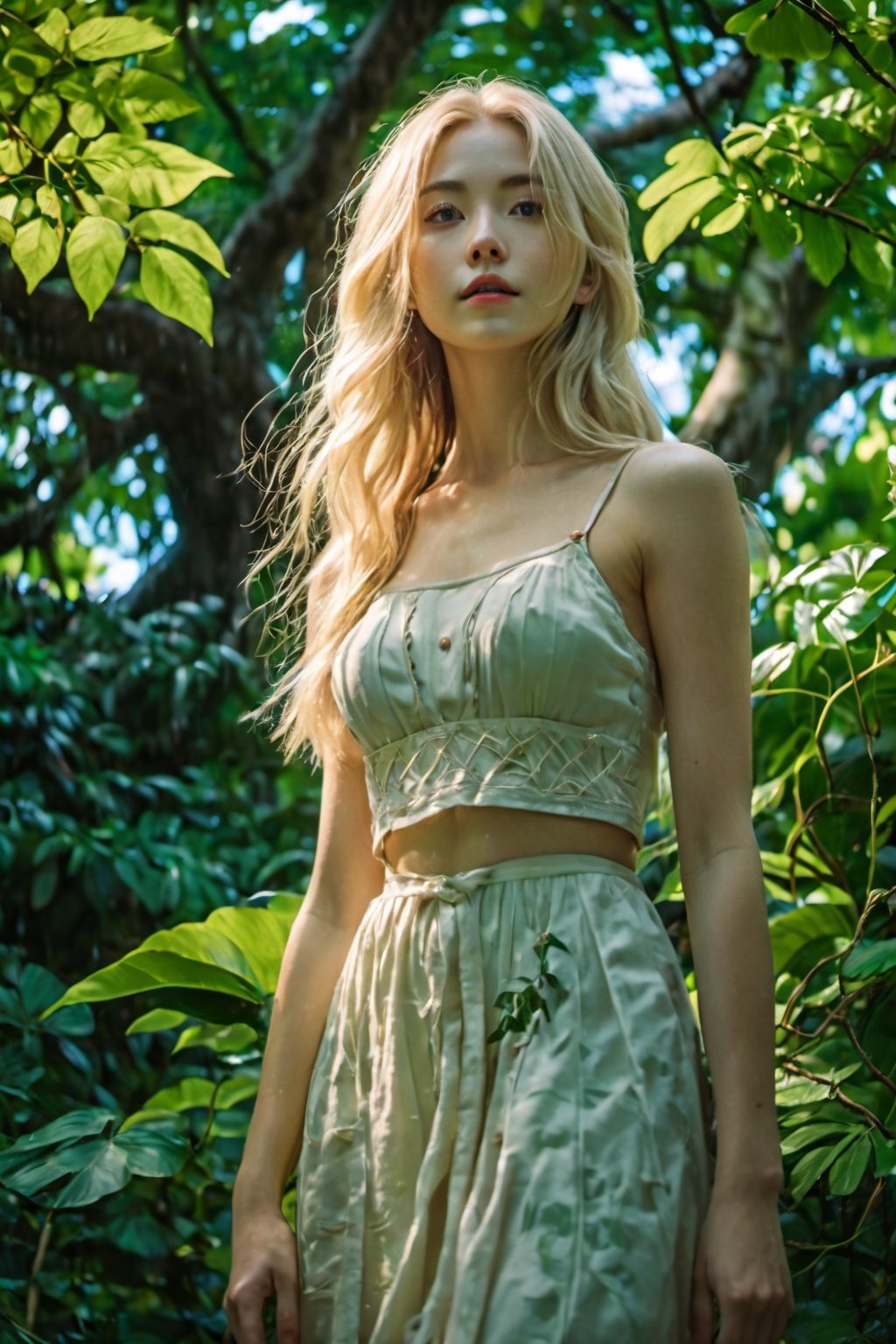 A beautiful blonde with long hair stands in front of a lush green tree.lots of detail,8K,hyperdetalization,Greg Rutkowski style, close-up starlight anime sdxl