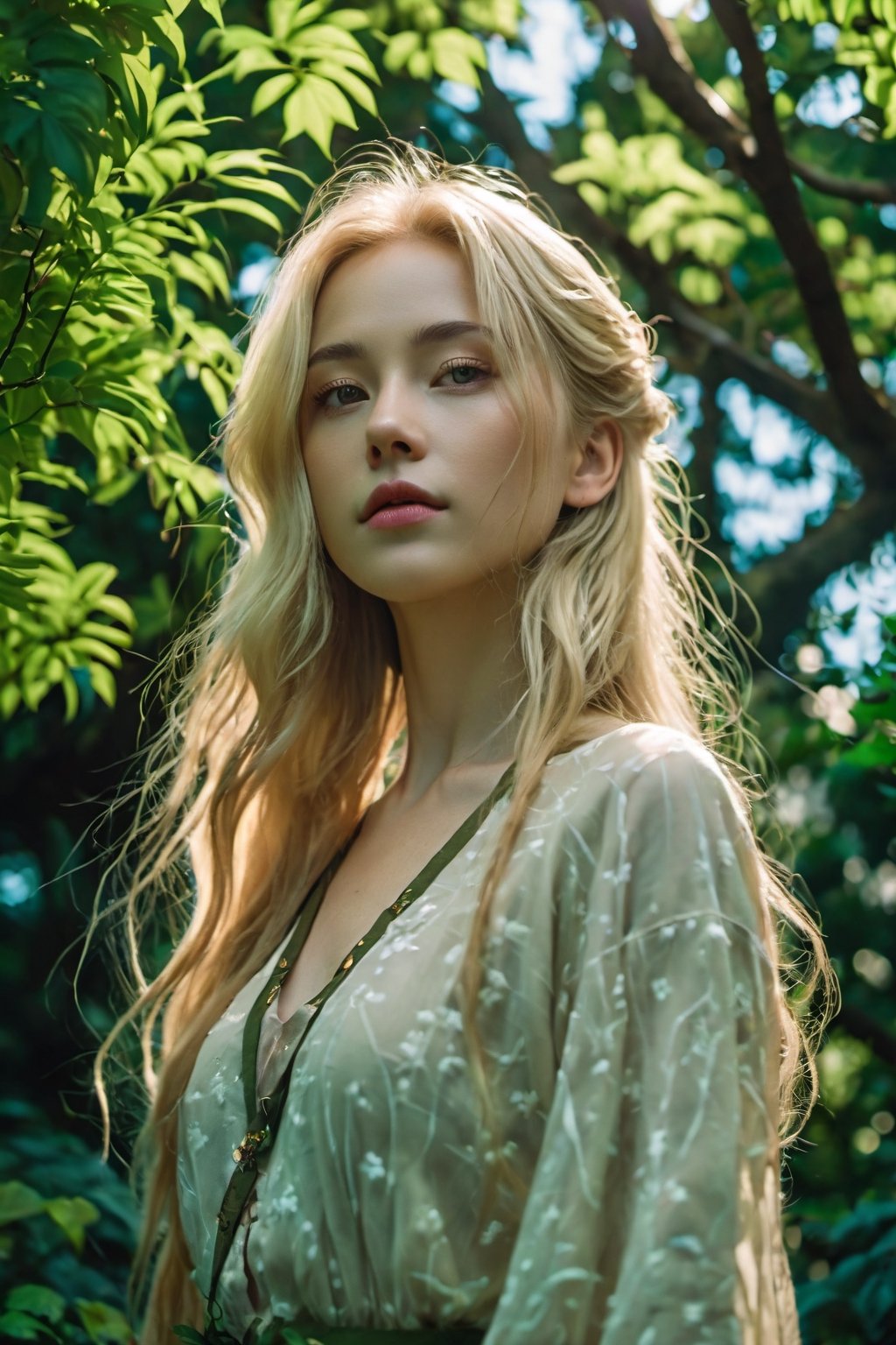 A beautiful blonde with long hair stands in front of a lush green tree.lots of detail,8K,hyperdetalization,Greg Rutkowski style, close-up starlight anime sdxl