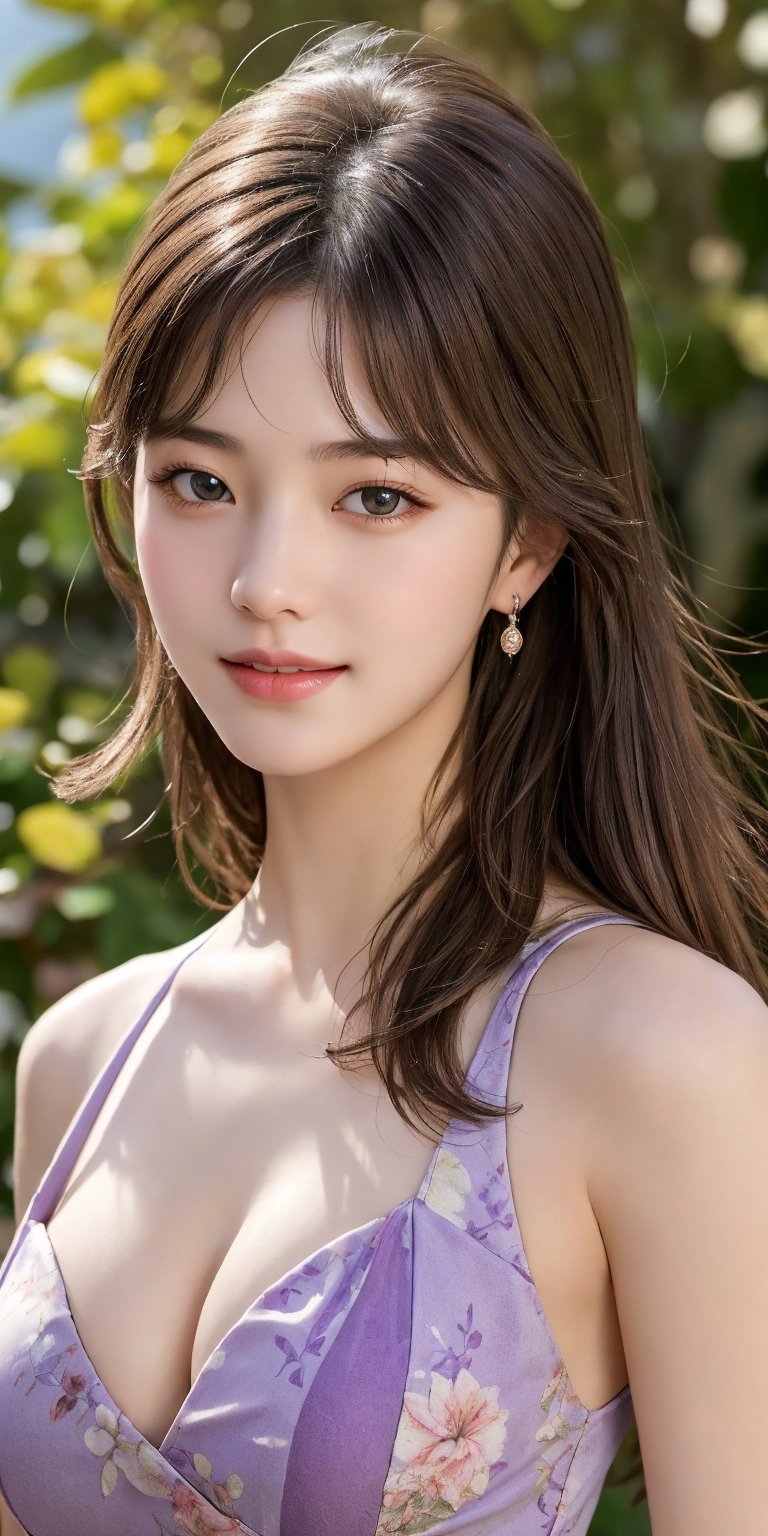 Masterpiece, highest quality, 1 girl, solo, 18 years old, beautiful korean girl, {beautiful and delicate eyes}, long hair, brown hair, blunt bangs, earrings, jewelry, big breasts, calm expression, natural soft light, exquisite facial features, seductive human face, smiling eyes, open lips, looking at the viewer, normal body structure, correct proportions, attractive body shape, sweaty skin, film grain, {normal limbs and fingers}, cleavage exposed, realism, beautiful, detailed, realistic, full body shot, scenic view, lavender floral print dress, floral print dress