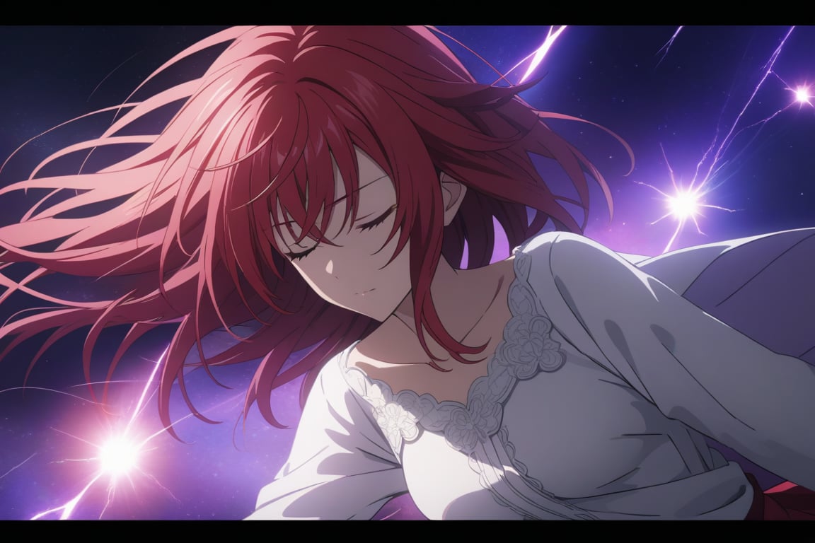 masterpiece, (intricate details, more details), cinematic lighting, extremely detailed 8k CG wallpaper, redhead woman white shirt red skirt asleep falling into space, redhead woman white shirt red skirt asleep, space, magic, purple, dark purple background, thunder,RIAS GREMORY