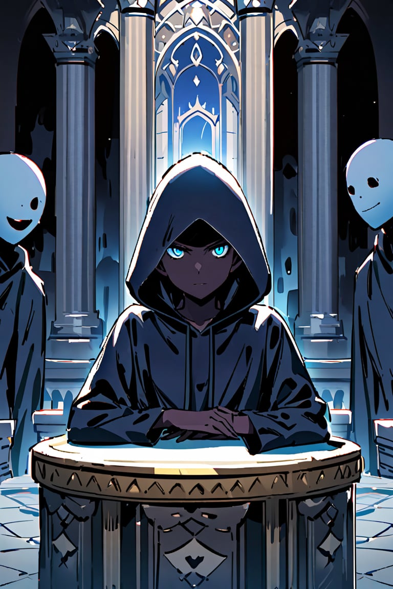 Ghost man, hooded, mysterious, dark hood, dark blue skin, gloomy, shadows, mysterious smile, only mouth, serious appearance, arrogant smile, blue eyes, taking background: blue and white castle, pillars, small table