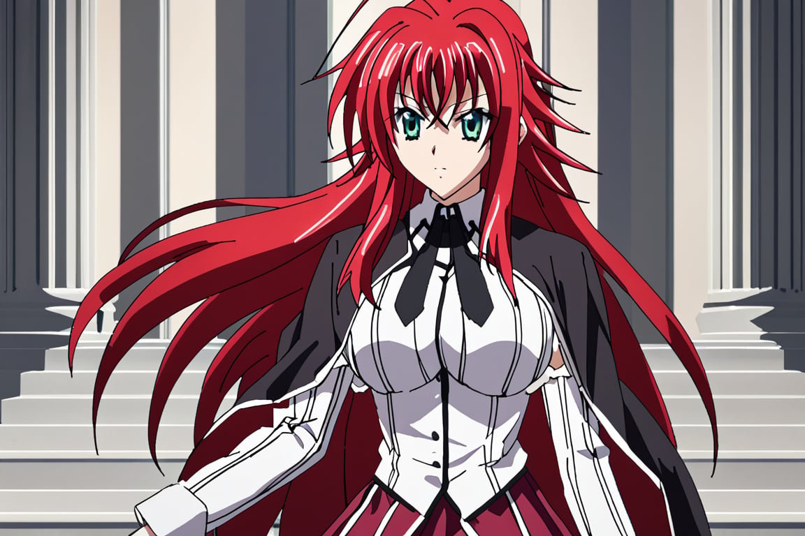 score_9, score_8_up, score_7_up, source_anime,riasgremory, ,rias gremory, huge ahoge, long hair, hair between eyes, green eyes, red hair, shirt, ribbon, school uniform, white shirt, black ribbon, ribbon around neck, cape, black cape, long sleeves, skirt, red skirt, interior, dark castle, shadows, facing viewer, alone, RIAS GREMORY