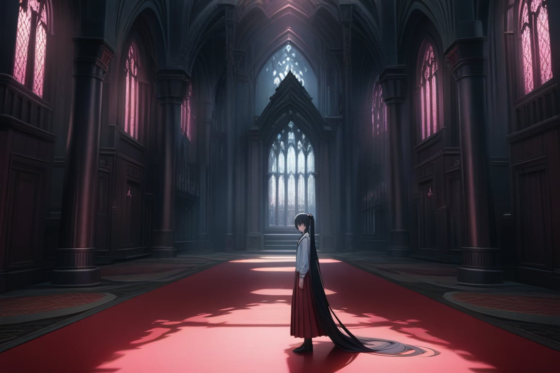 masterpiece, absurd, (intricate details), cinematic lighting, wide shot, extremely detailed 8k CG wallpaper, akenohimejima, black hair, very long hair, ponytail, school uniform, red skirt, ponytail, white shirt, black cape, yellow ribbon, slight smile, akeno himejima, interior, dark castle, shadows, looking at viewer, alone
