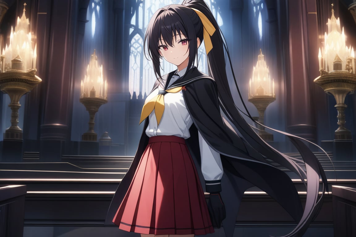 masterpiece, absurd, (intricate details), cinematic lighting, extremely detailed 8k CG wallpaper, akenohimejima, black hair, very long hair, ponytail, school uniform, red skirt, ponytail, white shirt, black cape, yellow ribbon, slight smile, akeno himejima, interior, dark castle, shadows, looking at viewer, alone